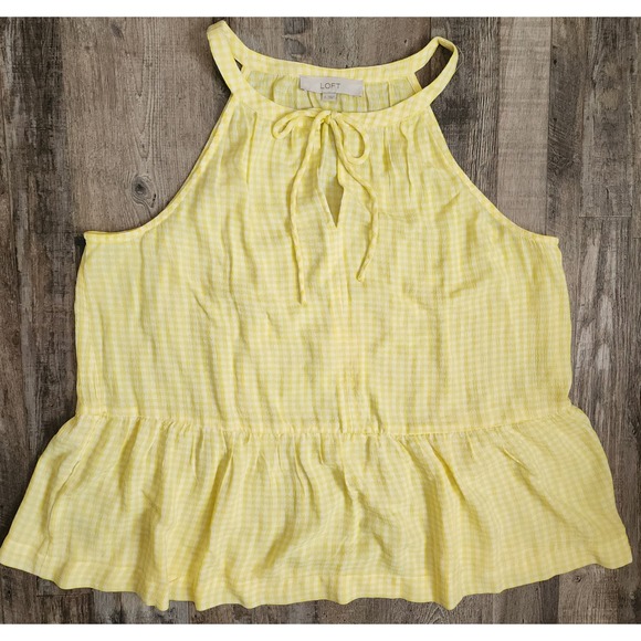 LOFT Tops - LOFT Halter Top Womens Large Yellow Gingham Keyhole Tie Peplum Blouse